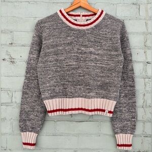 Gray Crew Neck Sweater with Red Cabin Stripes